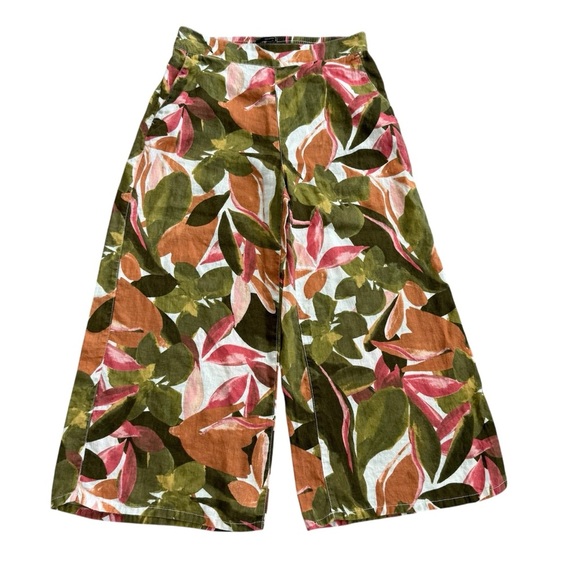 Tahari 100% Linen Pants Sz M Tropical Abstract Pull On Elastic Waist High Rise - Picture 1 of 8